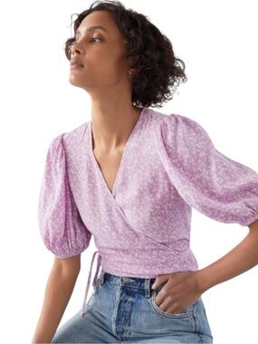 & Other Stories Purple Ditsy Floral Puff Sleeve Wrap Top Purple V-Neck Sz US 0
